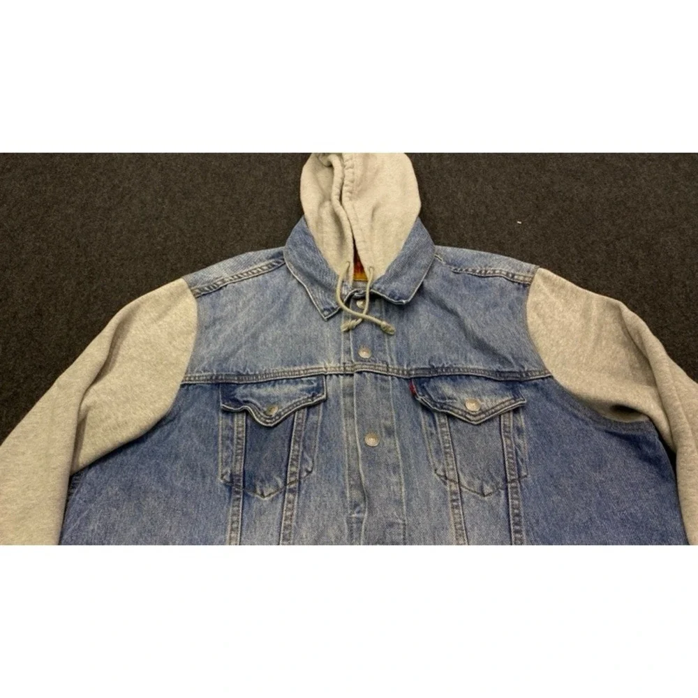 Levi's Trucker Jacket Mens XL Blue Denim Gray Hoodie Sleeve Vintage Fit